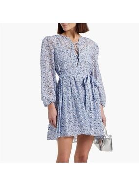 Maje Light Blue Floral Tie-Waist Long Sleeve Mini Dress